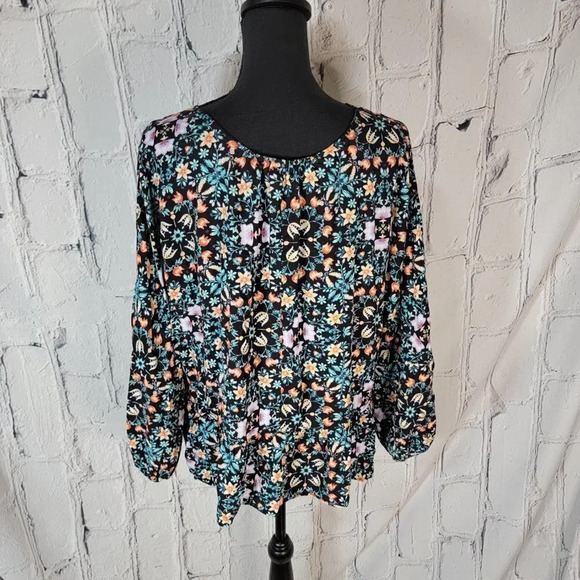 A.n.a Flowy Black Blue Floral Boho Peasant Long Sleeve Blouse Top Shirt Sz L - Picture 6 of 7